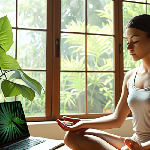 Home 4 A serene individual meditating in a sunlit room, with a laptop closed nearby and a leafy green plant in the foreground, symbolizing digital detox and mindfulness. The overall mood is peaceful and focused.