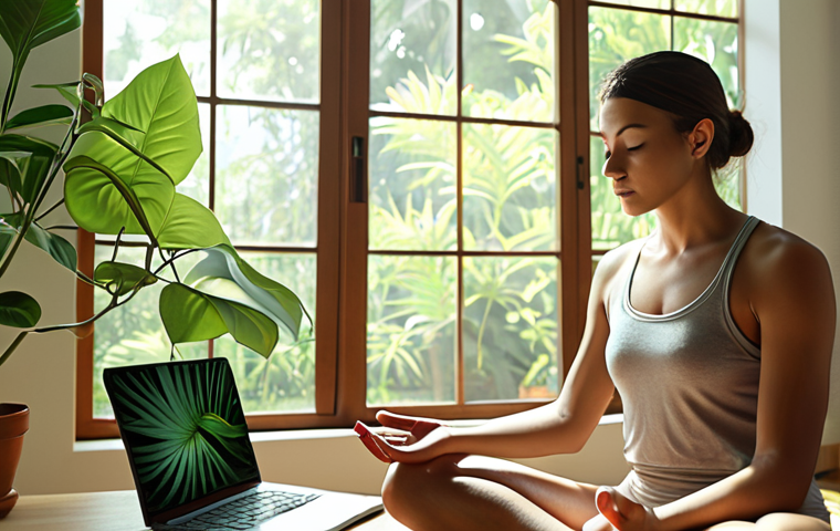 A serene individual meditating in a sunlit room, with a laptop closed nearby and a leafy green plant in the foreground, symbolizing digital detox and mindfulness. The overall mood is peaceful and focused.